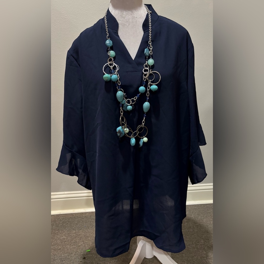 New navy blue ruffle 3/4 sleeves tunic top blouse 3X